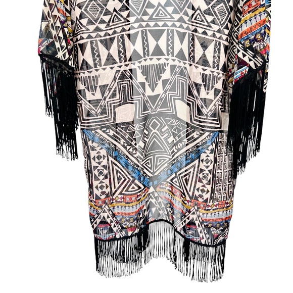 Angie NWT Aztec Print Fringe Kimono Medium Sheer Colorful Southwest Boho Flowy - Picture 5 of 16